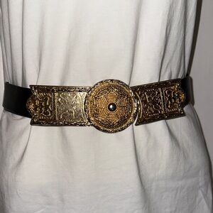 Vintage 80s Gay Boyer Black Adjustable Belt with Unique Gold Buckle